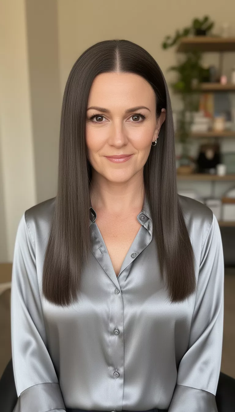 casual photo of a 41-year-old woman wearing a silver grey silk shirt with a slate brunette sleek straight style, shot with an iPhone 15 Pro Max