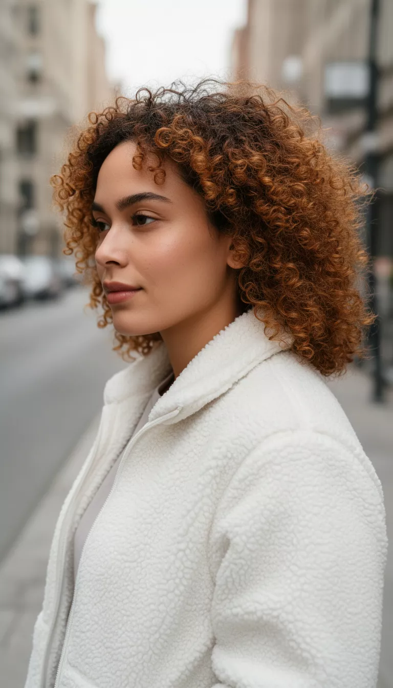 casual photo of a 31-year-old woman wearing a white fleece jacket with teddy brown curls, side view, shot with an iPhone 15 Pro Max