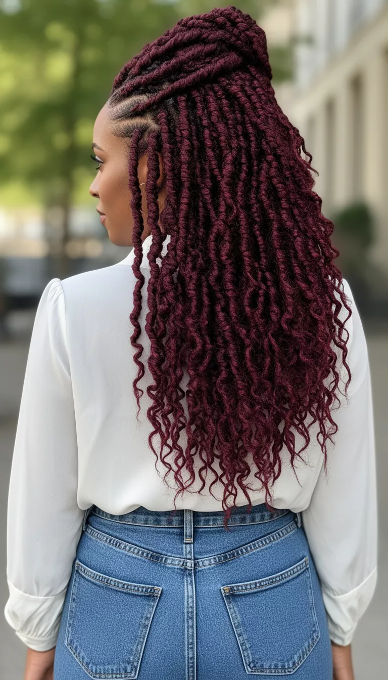 close-up photo of a 38-year-old woman wearing a denim pants and white blouse with wine brunette elegant twists, back view, shot with an iPhone 15 Pro Max