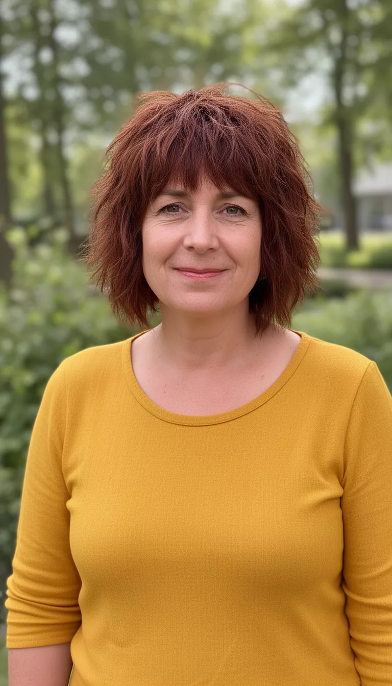 casual photo of a 42-year-old woman wearing a mustard yellow top with a chestnut brown shag haircut, shot with an iPhone 15 Pro Max