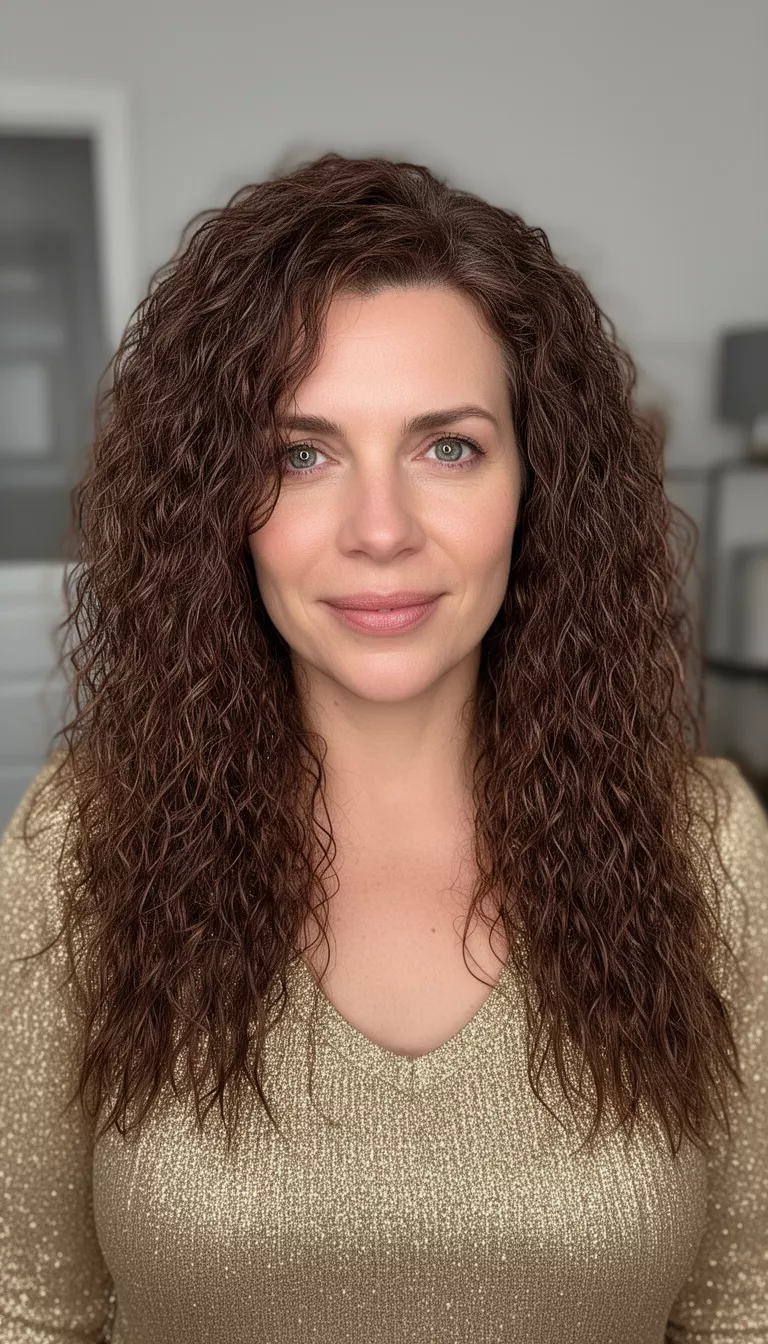 casual photo of a 35-year-old woman wearing a shimmering gold top with a molten brunette textured mane, shot with an iPhone 15 Pro Max