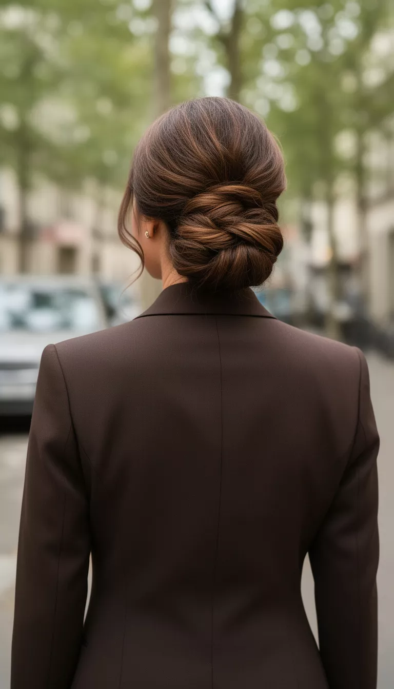 casual photo of a 43-year-old woman wearing a dark espresso colored suit with a double-shot brunette sophisticated updo, back view, shot with an iPhone 15 Pro Max