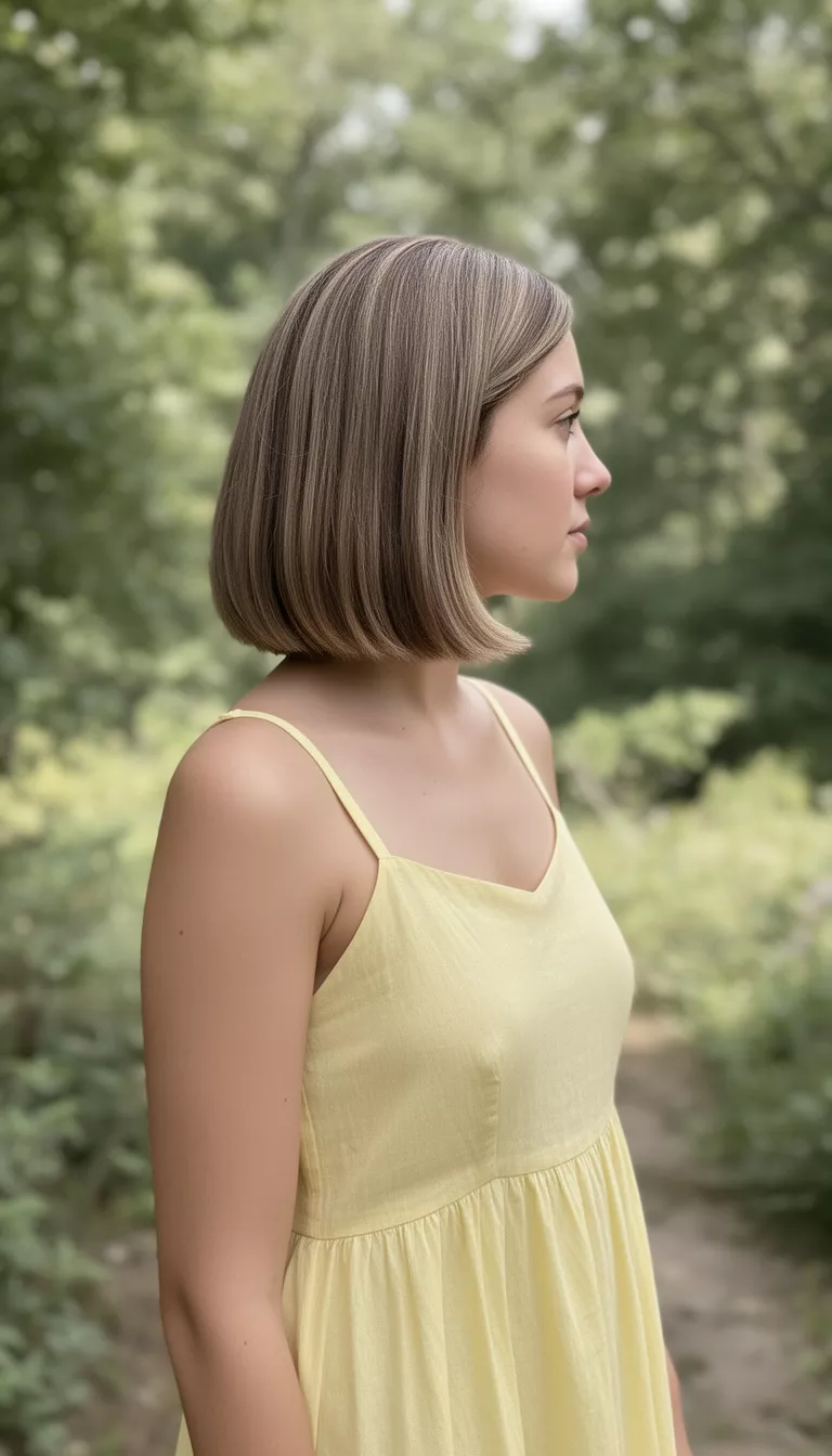 casual photo of a 27-year-old woman wearing a pale yellow sundress with a champagne brunette polished bob, side view, shot with an iPhone 15 Pro Max