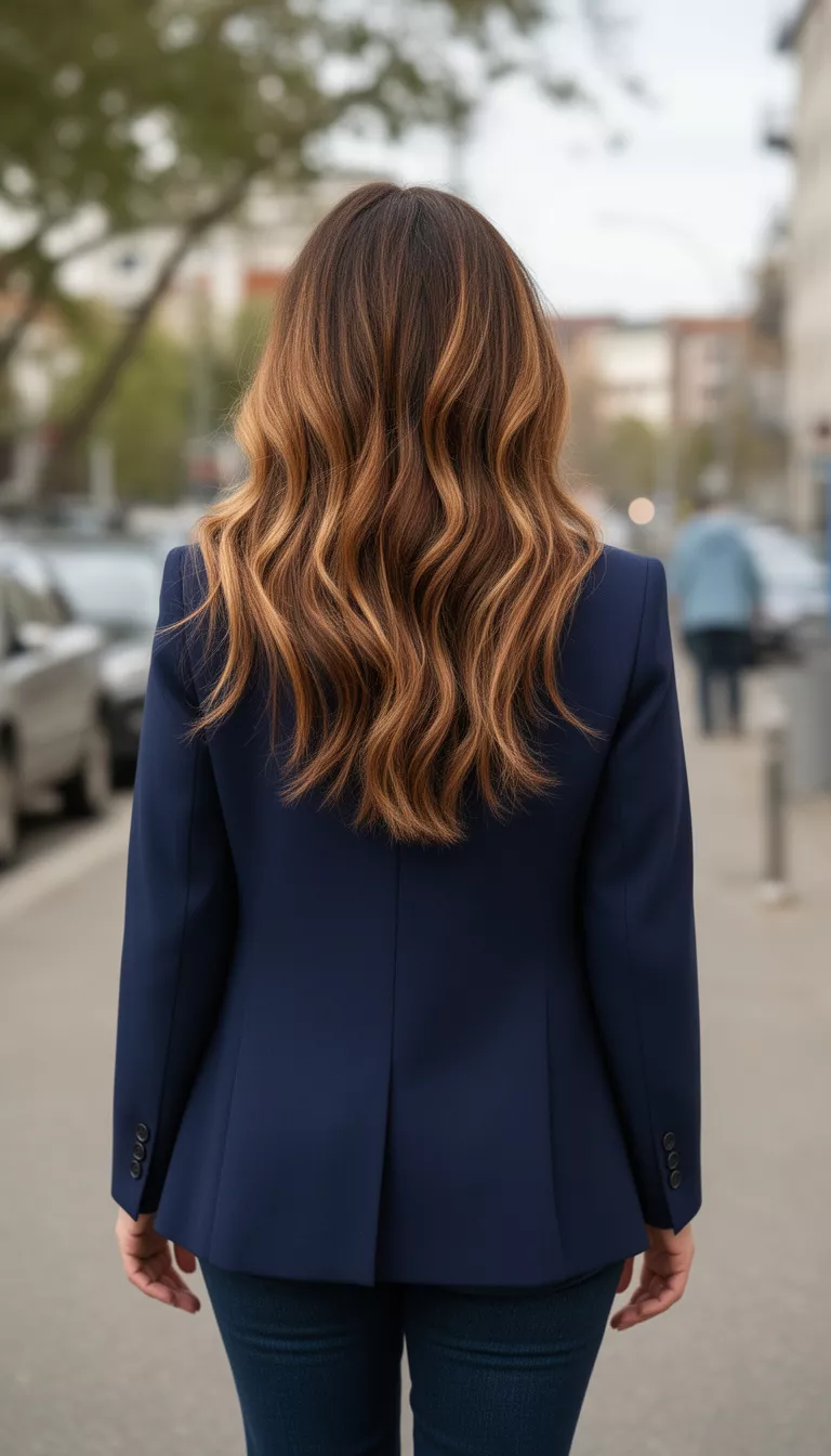 casual photo of a 39-year-old woman wearing a navy blue blazer with a caramel brunette balayage on long hair, back view, shot with an iPhone 15 Pro Max