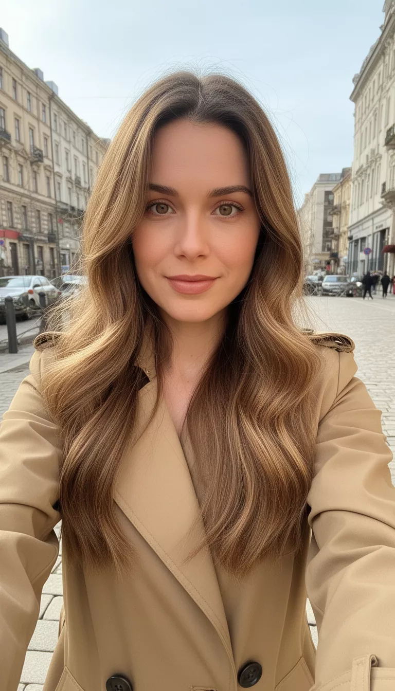 selfie of a 28-year-old woman wearing a tan trench coat with a latte brunette long hairstyle
