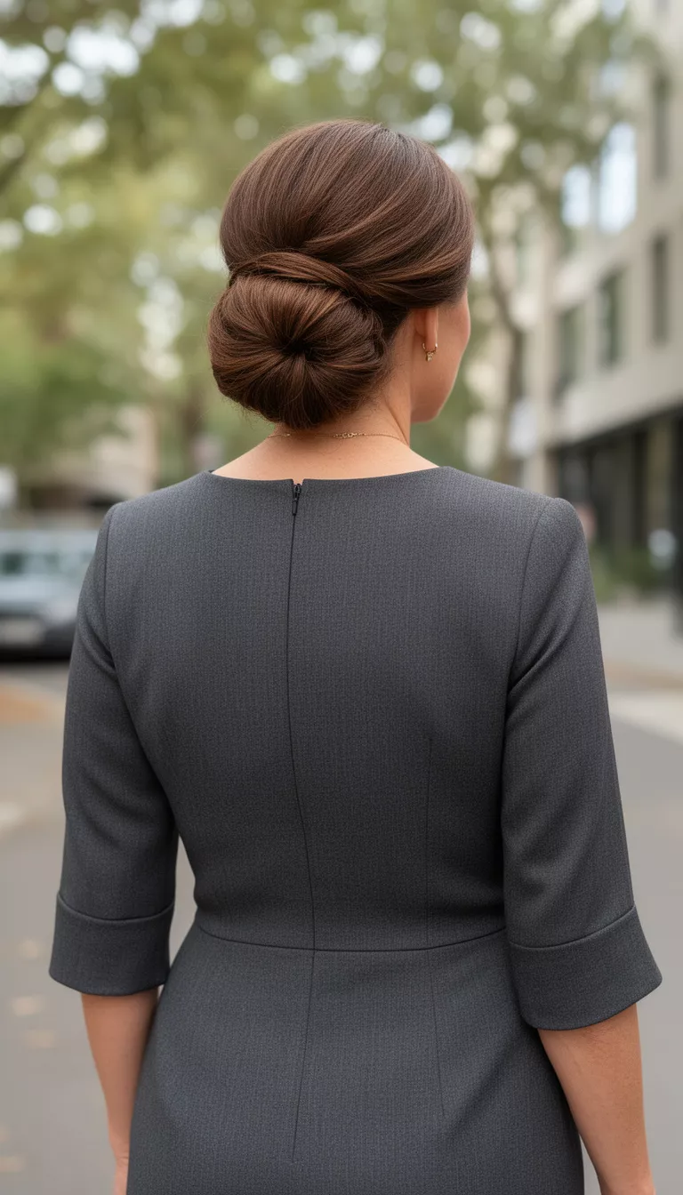 casual photo of a 45-year-old woman wearing a charcoal grey dress with a truffle brown elegant chignon, back view, shot with an iPhone 15 Pro Max