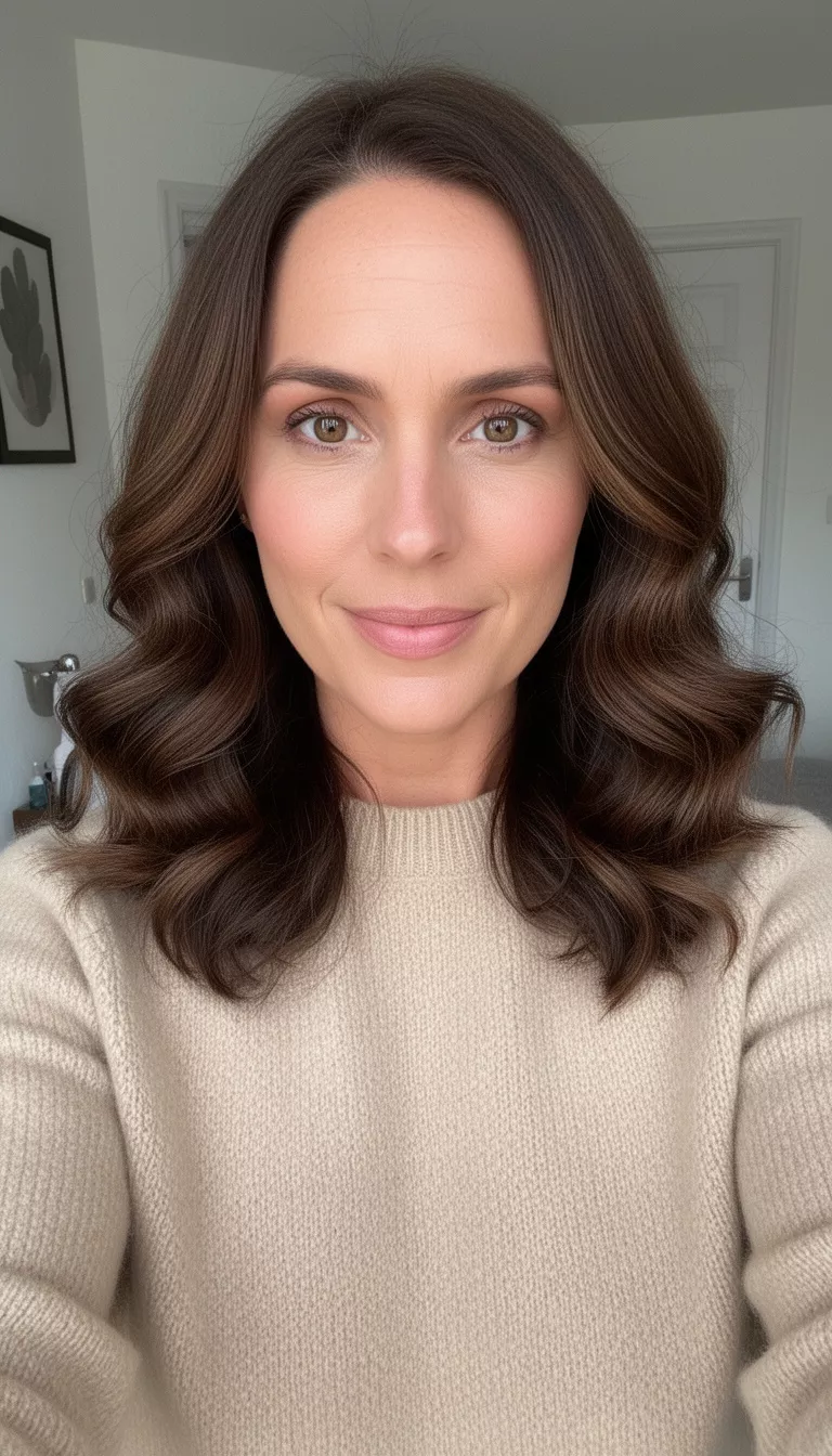 selfie of a 32-year-old woman wearing a beige cashmere sweater with a cashmere brunette soft wavy style