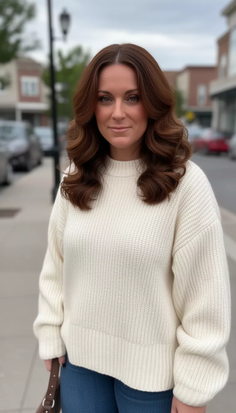 casual photo of a 36-year-old woman wearing a cream oversized sweater with suede brunette 70s waves, shot with an iPhone 15 Pro Max