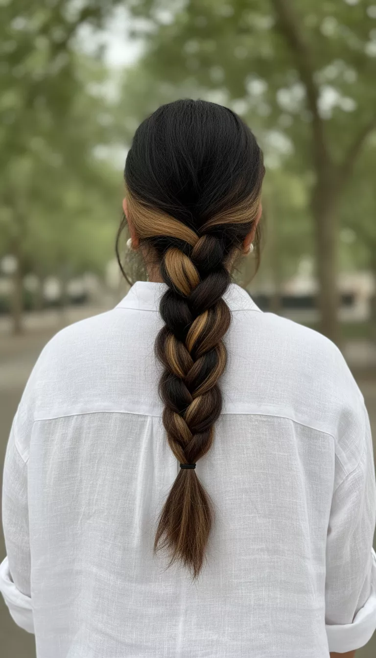 casual photo of a 26-year-old woman wearing a white linen shirt with hazelnut highlights in a dark brown braid, back view, shot with an iPhone 15 Pro Max