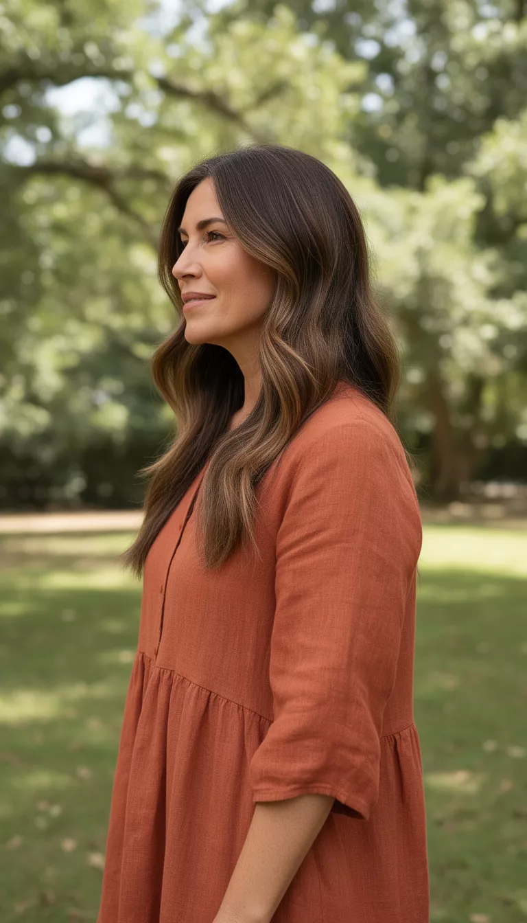 casual photo of a 37-year-old woman wearing a terracotta linen dress with earthy brunette long layers, side view, shot with an iPhone 15 Pro Max