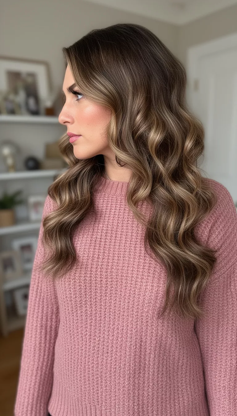 casual photo of a 31-year-old woman wearing a dusty rose sweater with a mocha mousse textured lob, side view, shot with an iPhone 15 Pro Max