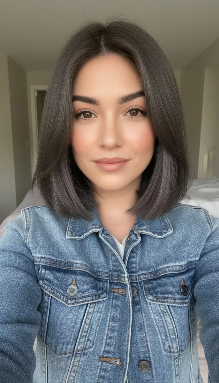 selfie of a 25-year-old woman wearing a denim jacket with a charcoal brunette medium-length hairstyle