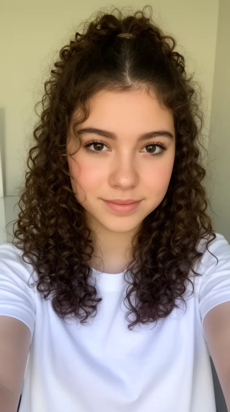 selfie of a 21-year-old woman wearing a white t-shirt with a Half-Up Curly Hairstyle, minimal background