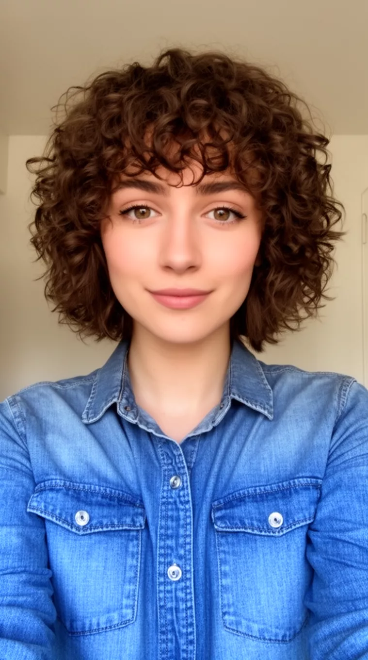 selfie of a 24-year-old woman wearing a denim button-up shirt with a Curly Shag Haircut hairstyle, minimal background