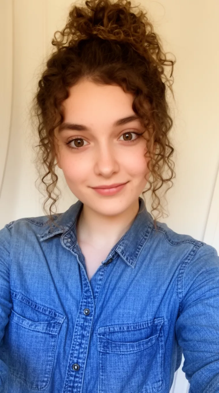 selfie of a 20-year-old woman wearing a chambray shirt with a Messy Curly Half-Bun hairstyle, minimal background