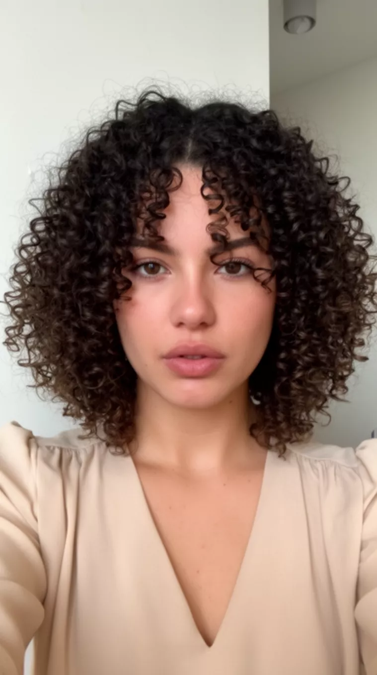 selfie of a 27-year-old woman wearing a neutral blouse with a V-Shaped Curly Layers hairstyle, minimal background