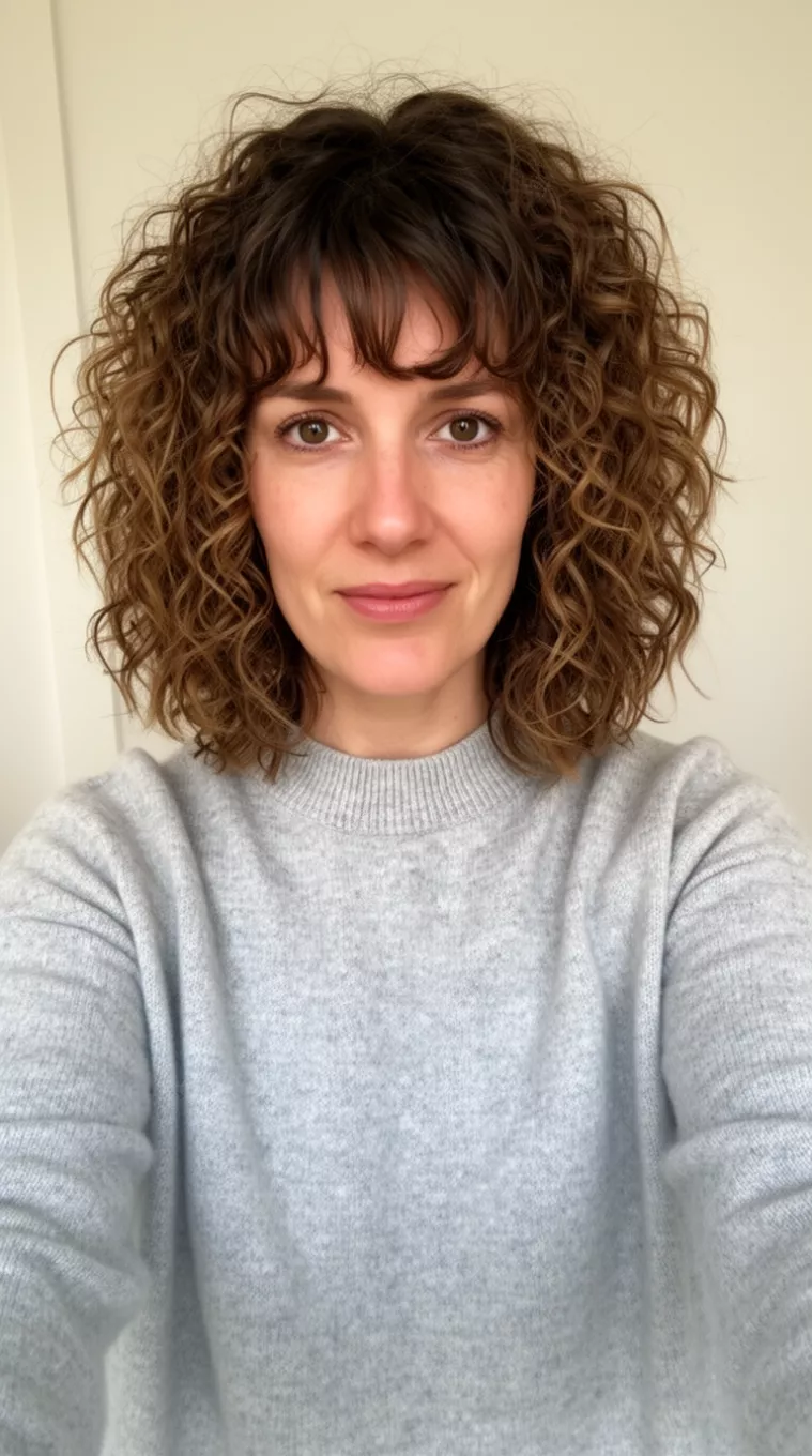 selfie of a 33-year-old woman wearing a crew neck pullover sweater with a Shoulder-Length Curly Shag hairstyle, minimal background