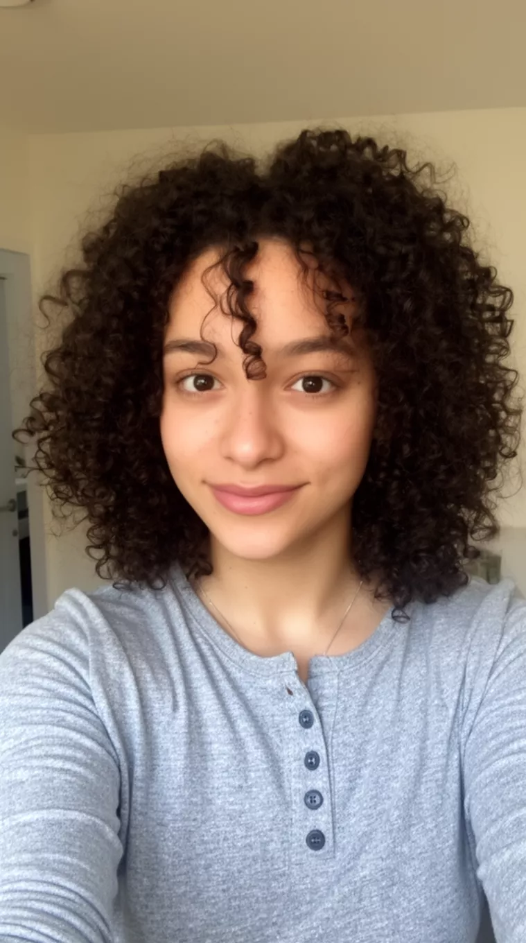 selfie of a 25-year-old woman wearing a grey henley shirt with a Wash-and-Go Curly Style, minimal background