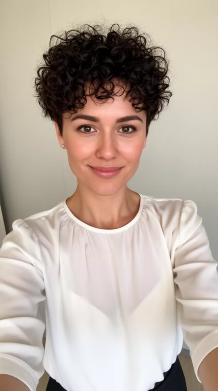 selfie of a 34-year-old woman wearing a three-quarter sleeve blouse with a Cropped Curly Pixie hairstyle, minimal background