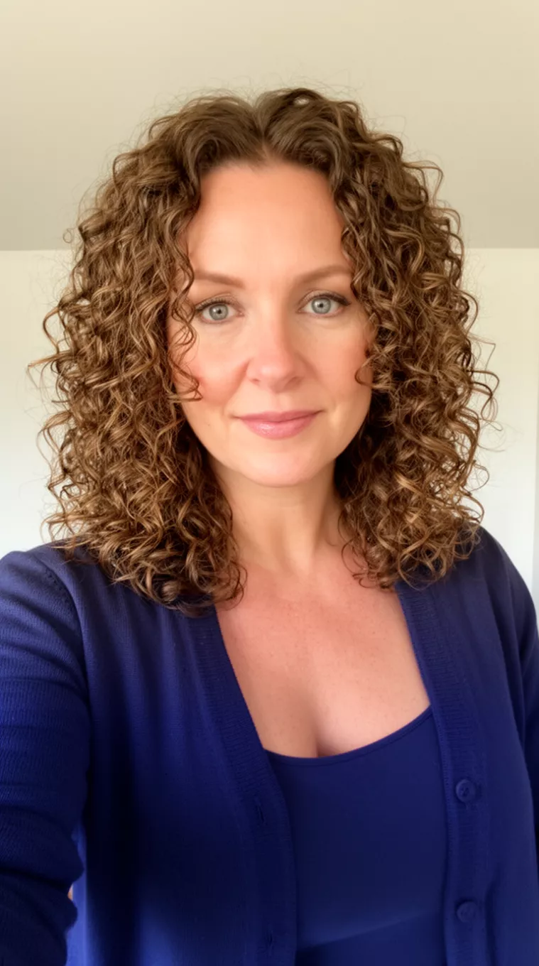 selfie of a 42-year-old woman wearing a navy cardigan over basic top with a Face-Framing Curly Layers hairstyle, minimal background