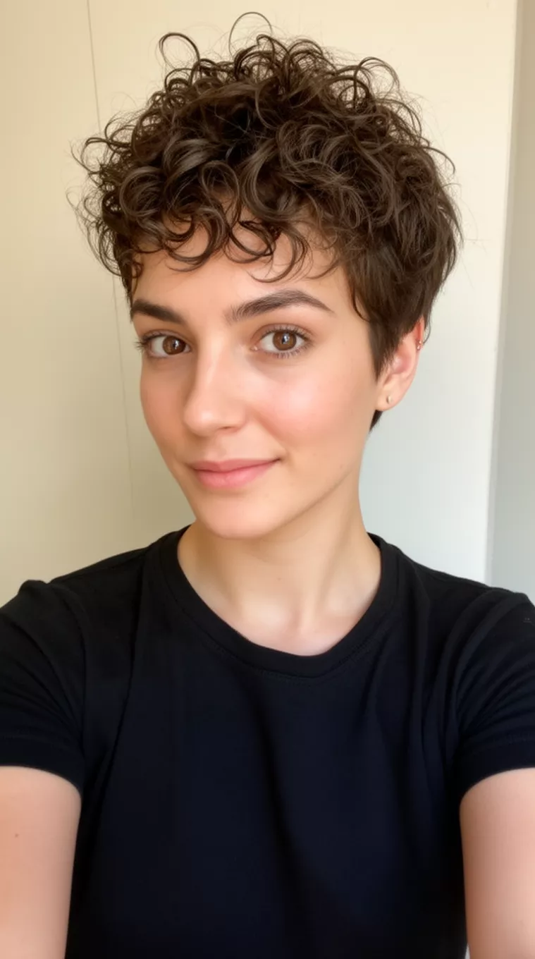 selfie of a 26-year-old woman wearing a black t-shirt with a Curly Pixie Cut hairstyle, minimal background