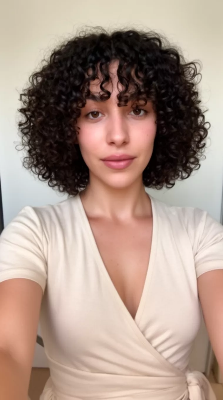 selfie of a 29-year-old woman wearing a wrap top with a Curly Bob with Curtain Bangs hairstyle, minimal background