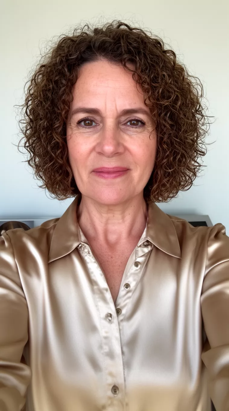 selfie of a 51-year-old woman wearing a silk button-up shirt with a Textured Curly Lob hairstyle, minimal background