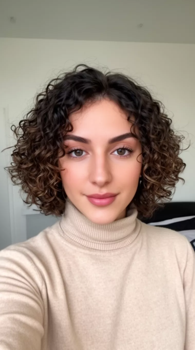 selfie of a 28-year-old woman wearing a beige turtleneck with a Medium Layered Curly Hair hairstyle, minimal background