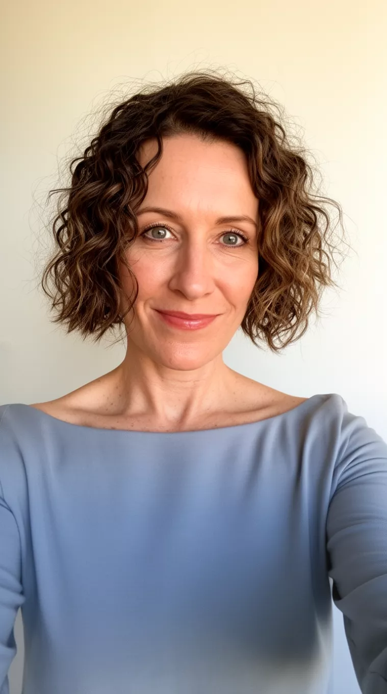 selfie of a 40-year-old woman wearing a boatneck top with a Side-Parted Curly Lob hairstyle, minimal background