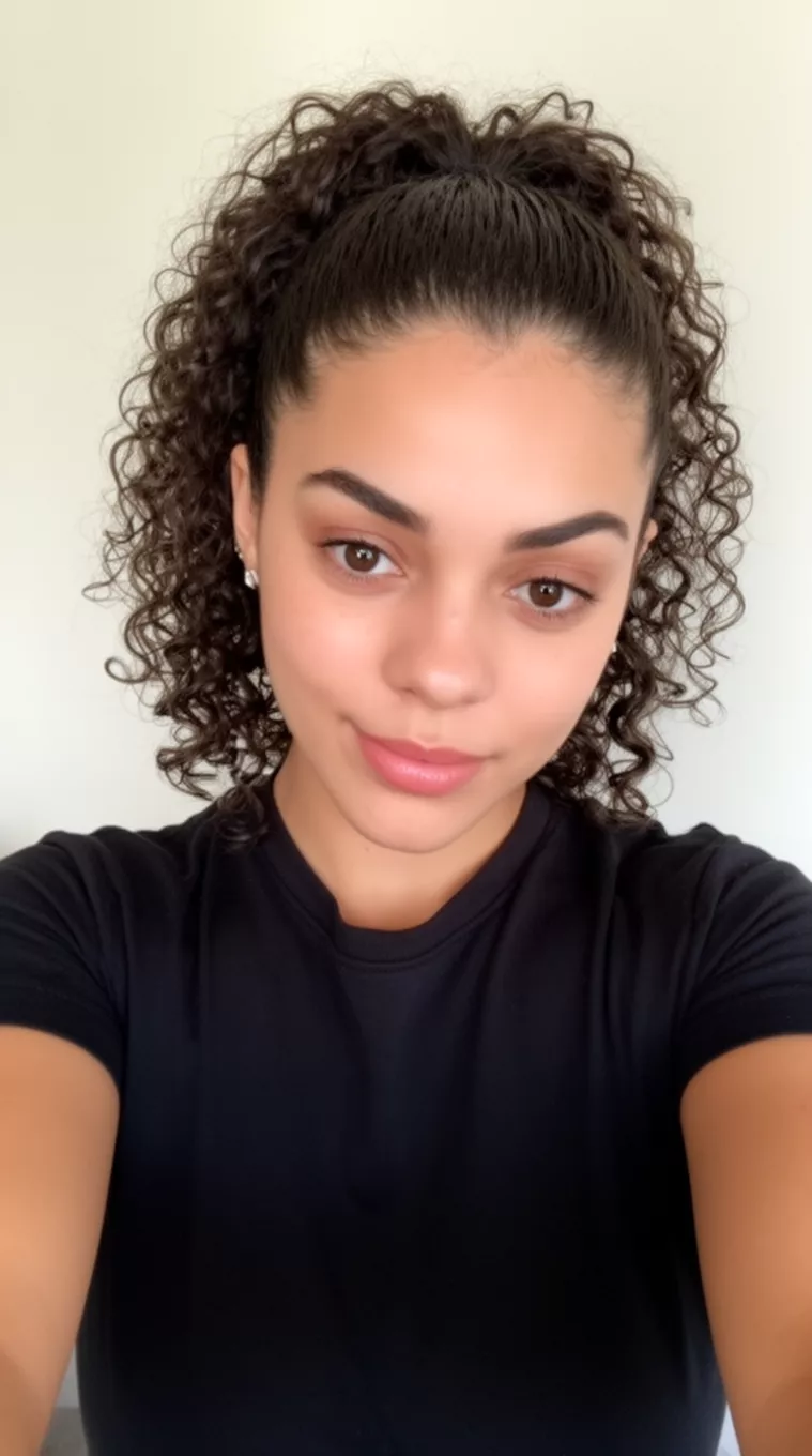 selfie of a 23-year-old woman wearing a black t-shirt with a Slicked-Back Curly Ponytail hairstyle, minimal background