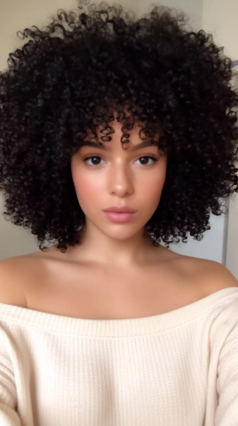 selfie of a 29-year-old woman wearing an off-shoulder sweater with a Voluminous Curly Afro hairstyle, minimal background
