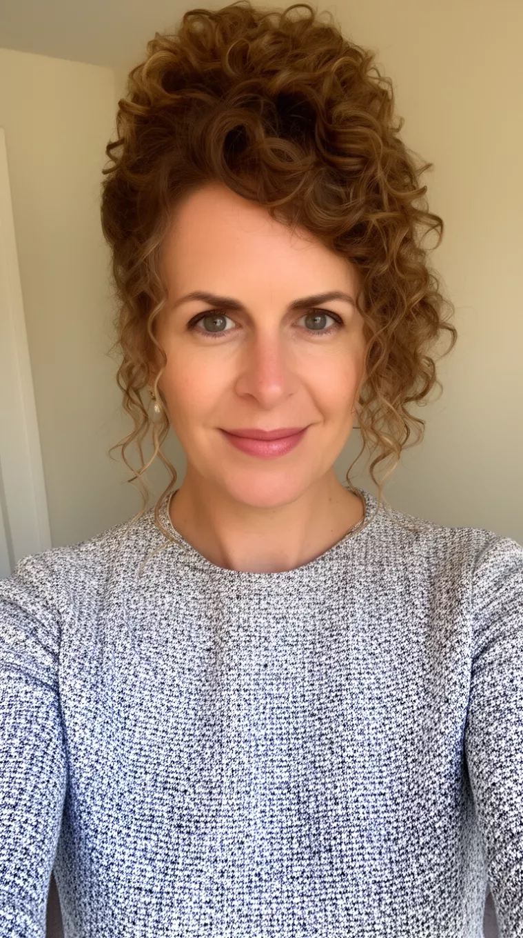selfie of a 38-year-old woman wearing a professional knit top with a Curly Updo with Tendrils hairstyle, minimal background