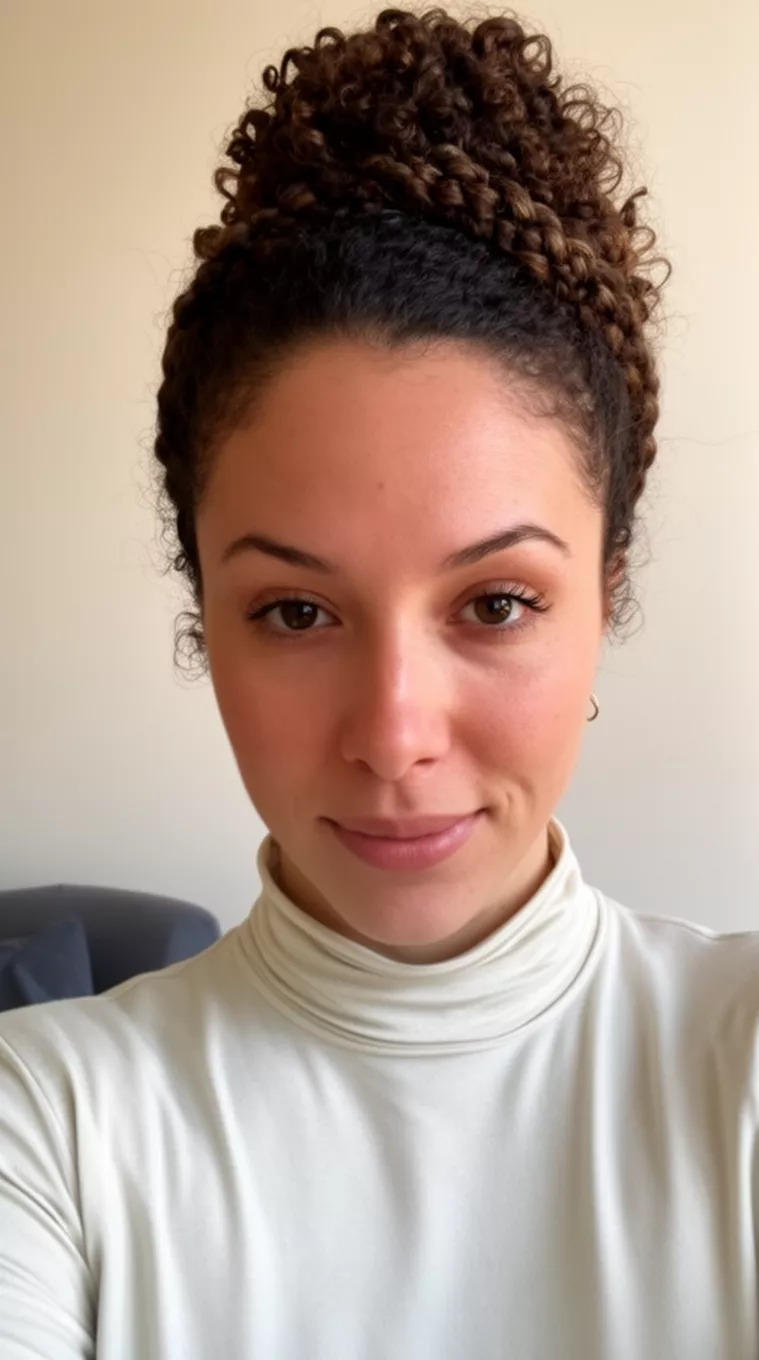 selfie of a 31-year-old woman wearing a mock neck top with a Braided Curly Updo hairstyle, minimal background