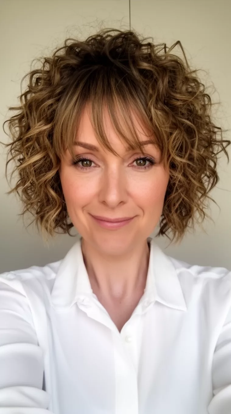 selfie of a 35-year-old woman wearing a white collared blouse with a Curly Bob with Wispy Bangs hairstyle, minimal background