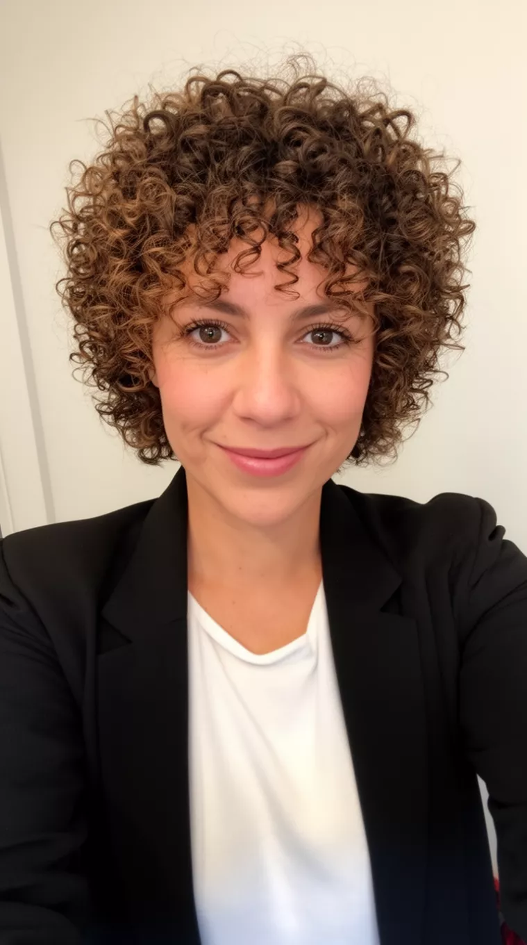 selfie of a 32-year-old woman wearing a black blazer over white top with a Deva Cut for Curly Hair hairstyle, minimal background