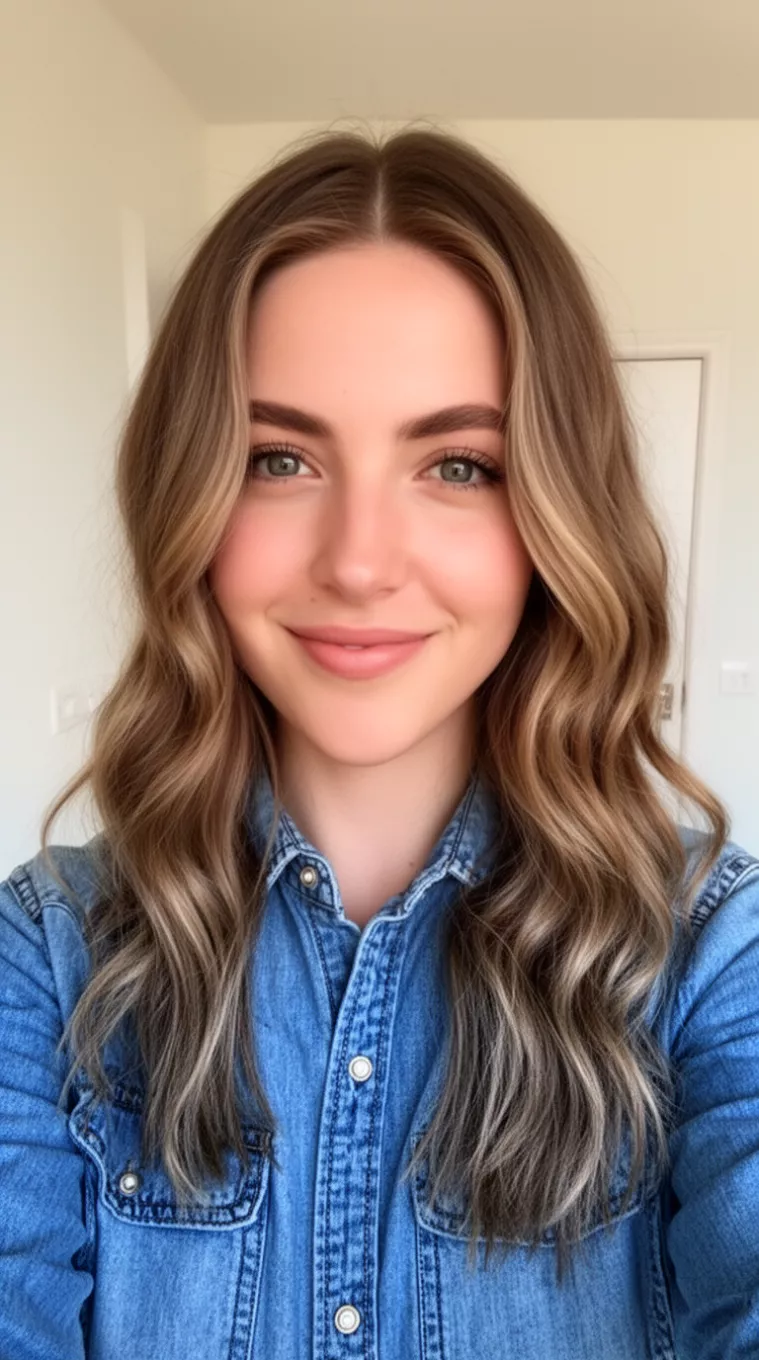 Beachy Waves with Middle Part selfie of a 25-year-old woman wearing a denim button-up shirt with a Beachy Waves with Middle Part hairstyle, minimal background