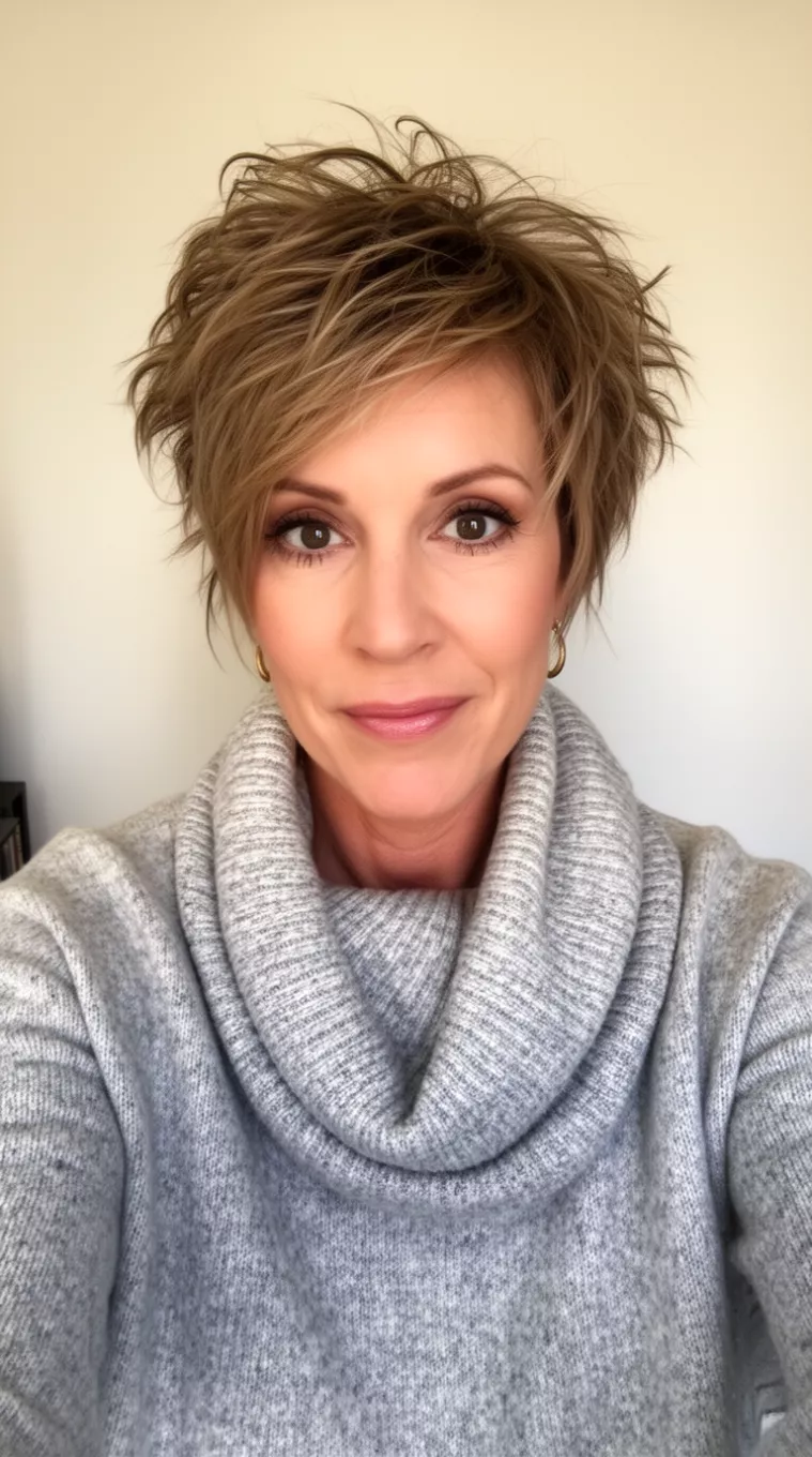 Tousled Wispy Pixie selfie of a 41-year-old woman wearing a cowl neck sweater with a Tousled Wispy Pixie hairstyle, minimal background