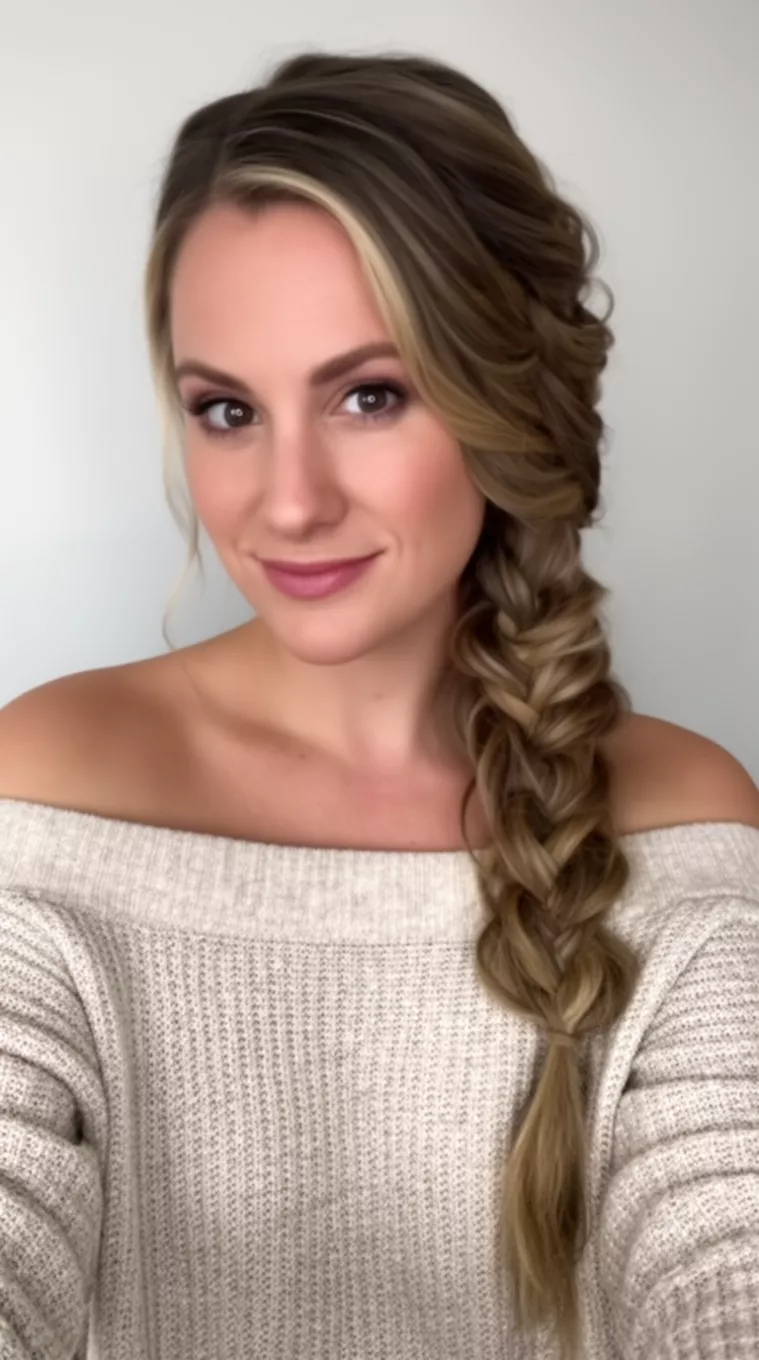 Romantic Waterfall Braid selfie of a 32-year-old woman wearing an off-shoulder sweater with a Romantic Waterfall Braid hairstyle, minimal background