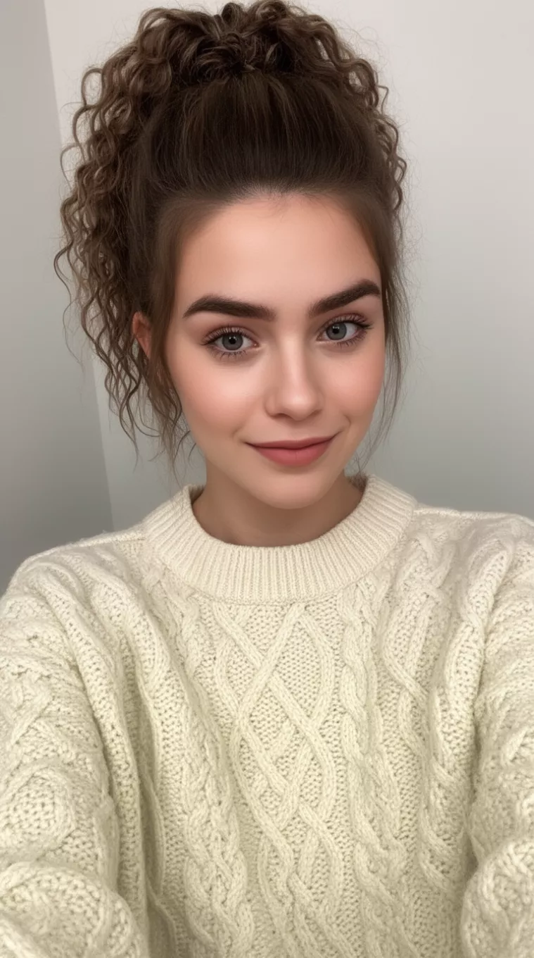 Textured High Ponytail selfie of a 22-year-old woman wearing a cream cable-knit sweater with a Textured High Ponytail hairstyle, minimal background