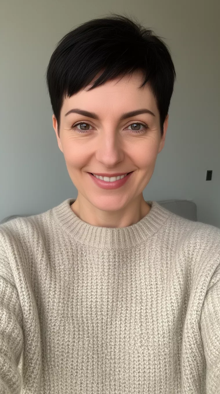 Beatnik Revival Pixie selfie of a 44-year-old woman wearing a neutral sweater with a Beatnik Revival Pixie hairstyle, minimal background
