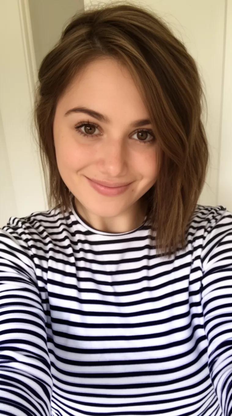 Side Fringe Sweep selfie of a 27-year-old woman wearing a striped long-sleeve shirt with a Side Fringe Sweep hairstyle, minimal background