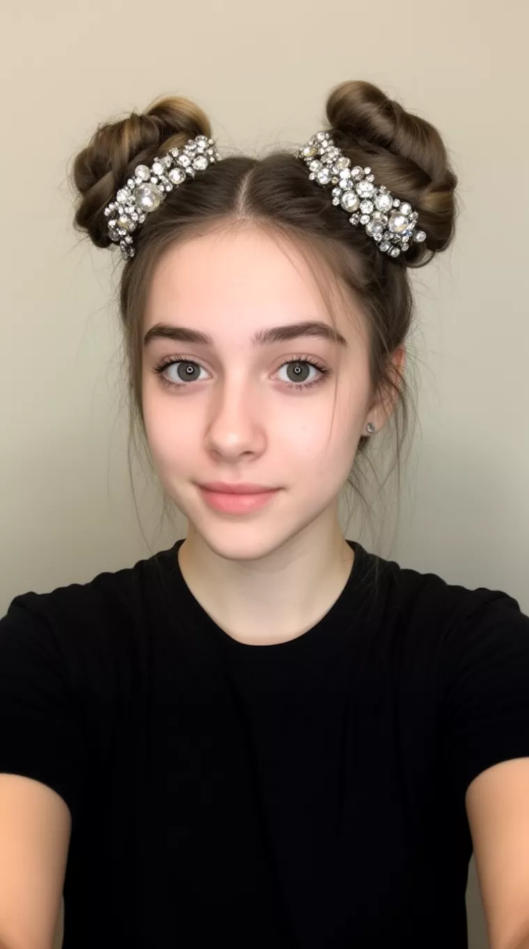 Space Buns with Hair Jewelry selfie of a 21-year-old woman wearing a black t-shirt with a Space Buns with Hair Jewelry hairstyle, minimal background