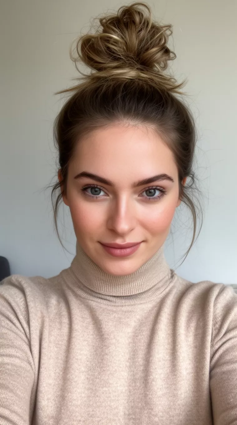 Effortless Messy Bun selfie of a 28-year-old woman wearing a beige turtleneck with a Effortless Messy Bun hairstyle, minimal background