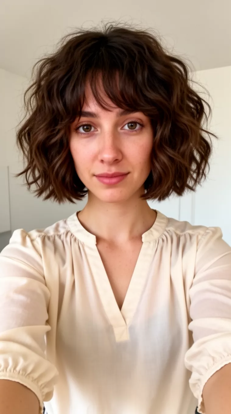 Wavy Shaggy Bob selfie of a 28-year-old woman wearing a three-quarter sleeve blouse with a Wavy Shaggy Bob hairstyle, minimal background
