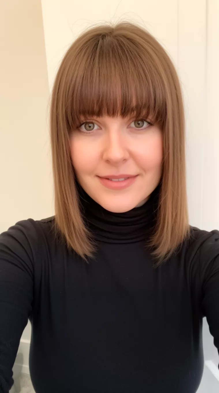 Curtain Bangs with Lob selfie of a 33-year-old woman wearing a mock neck top with a Curtain Bangs with Lob hairstyle, minimal background