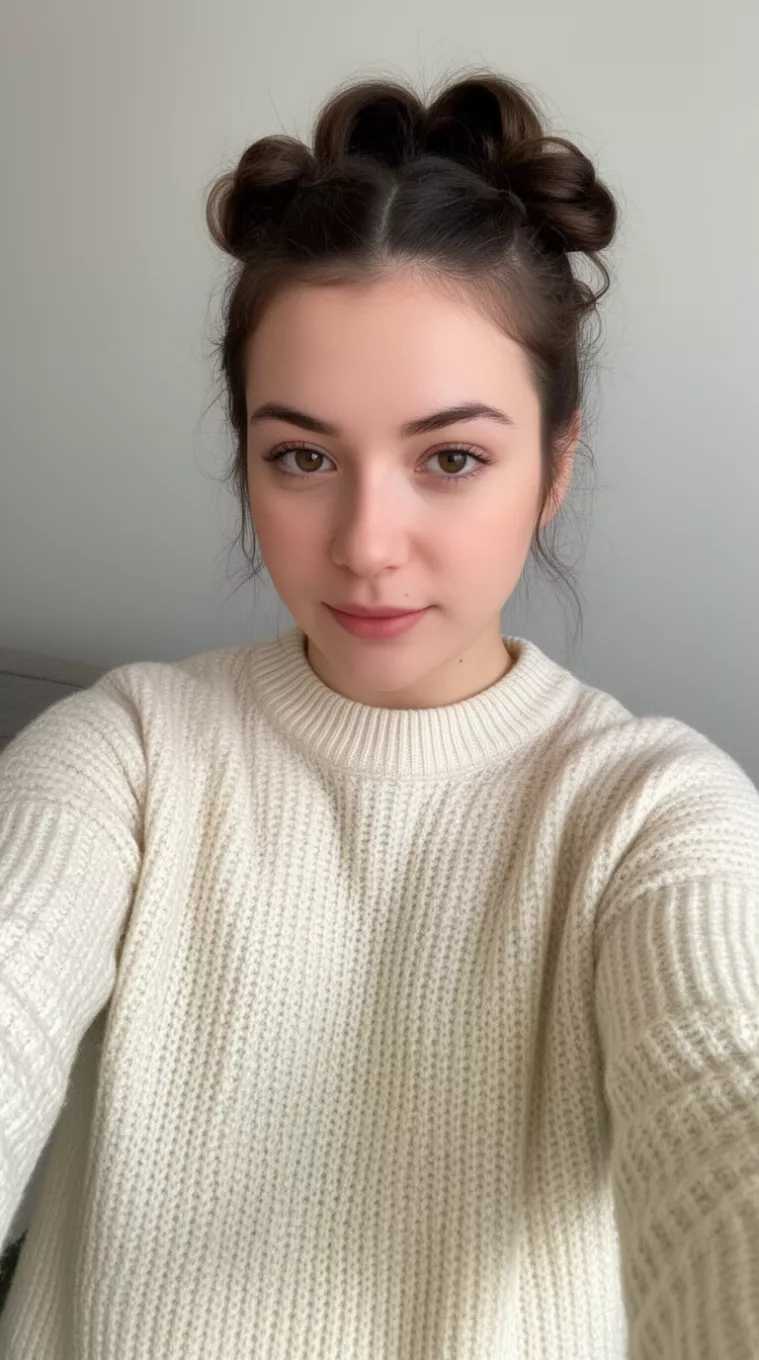 selfie of a 23-year-old woman wearing a crew neck pullover sweater with a Playful Bubble Ponytail hairstyle, minimal background