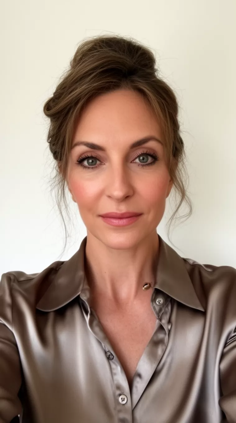 Modern French Twist selfie of a 39-year-old woman wearing a silk button-up shirt with a Modern French Twist hairstyle, minimal background