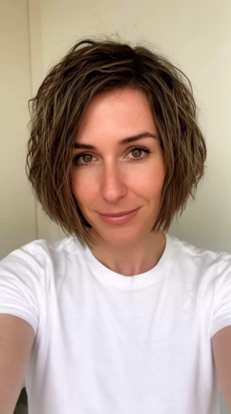 Graduated Bob with Texture selfie of a 36-year-old woman wearing a white t-shirt with a Graduated Bob with Texture hairstyle, minimal background