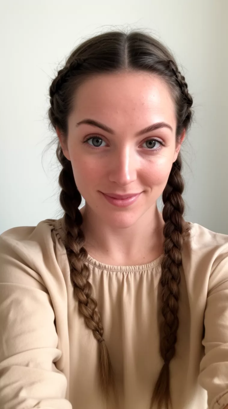 Dutch Braid Sides selfie of a 29-year-old woman wearing a neutral blouse with a Dutch Braid Sides hairstyle, minimal background