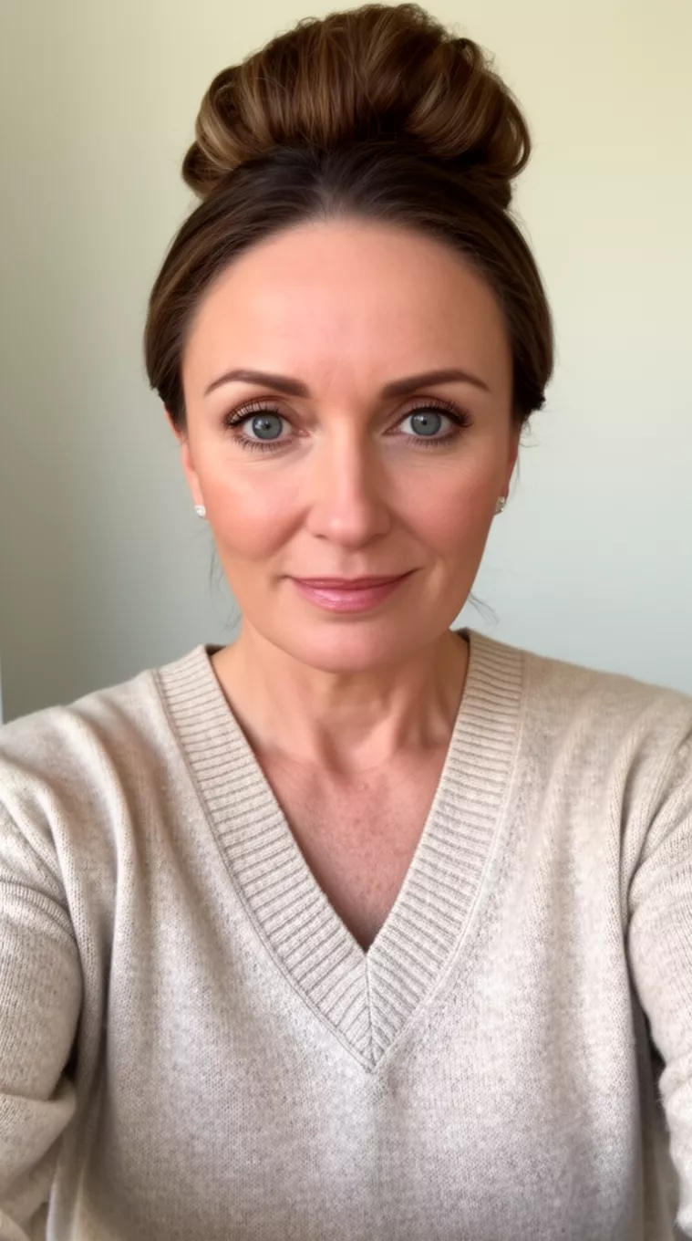 Elegant Low Chignon selfie of a 45-year-old woman wearing a v-neck sweater with a Elegant Low Chignon hairstyle, minimal background
